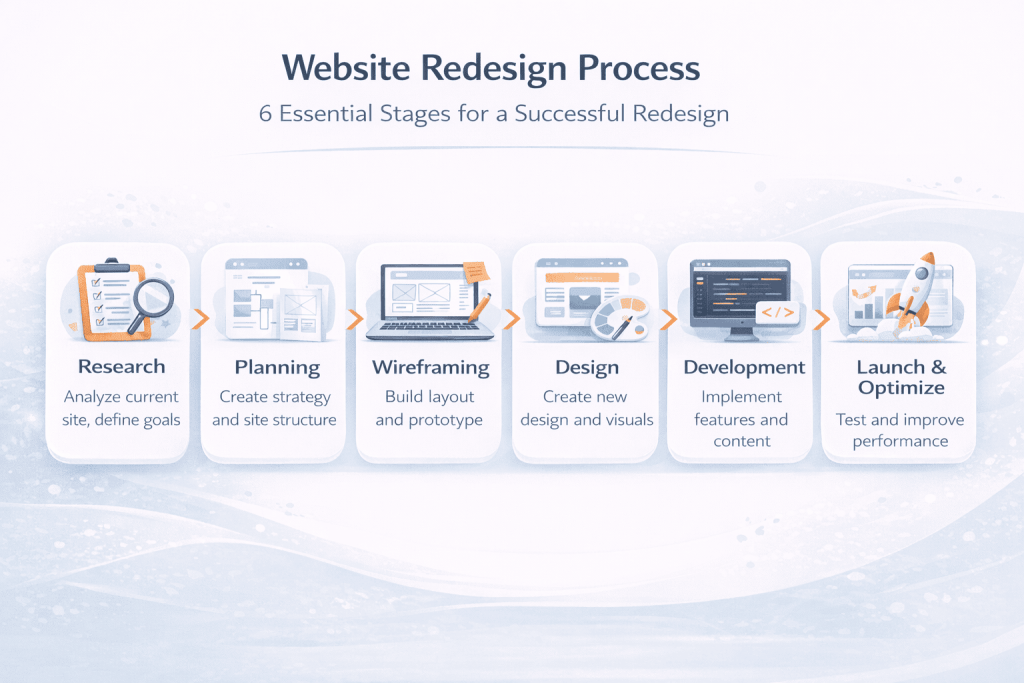 Website redesign service process flowchart showing six stages from discovery through launch and support