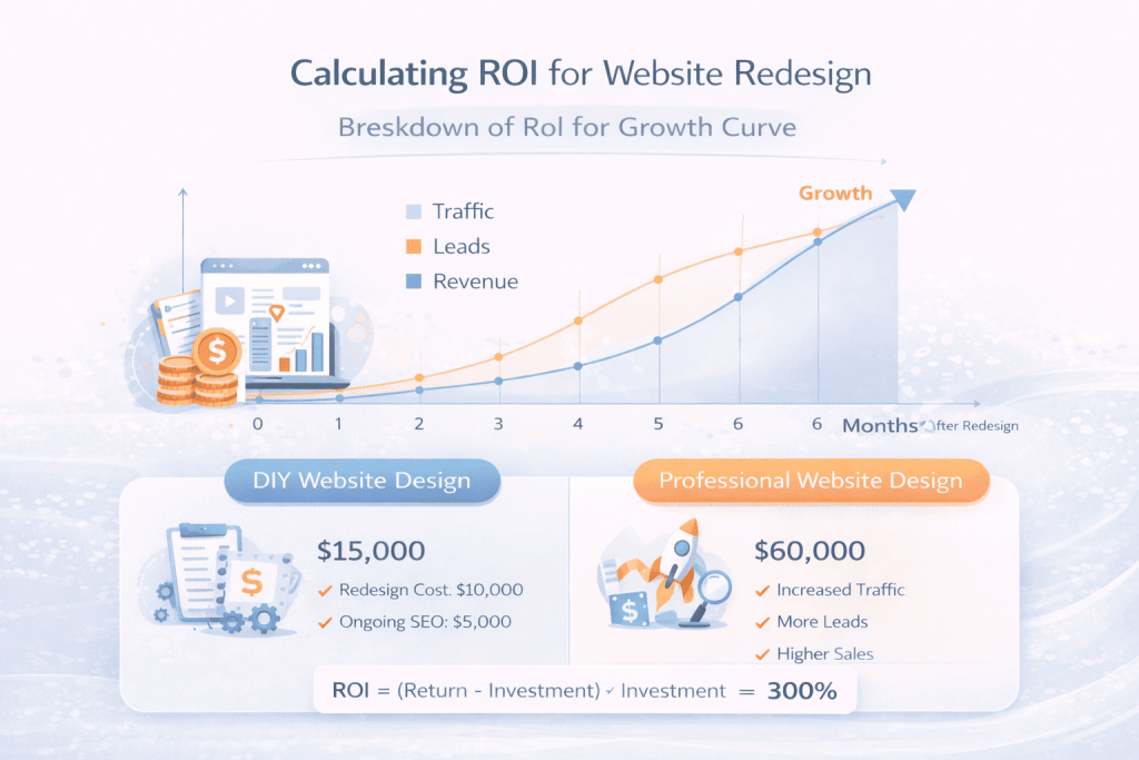 Website redesign ROI calculation example showing how website redesign investment generates revenue and payback timeline