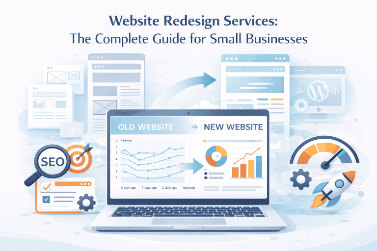 Small business owner reviewing website redesign mockups across multiple devices showing responsive design and modern layout